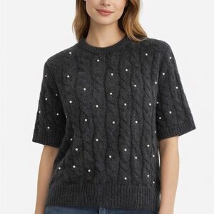 Entro Gray Cable Knit Sweater with Pearl Accents